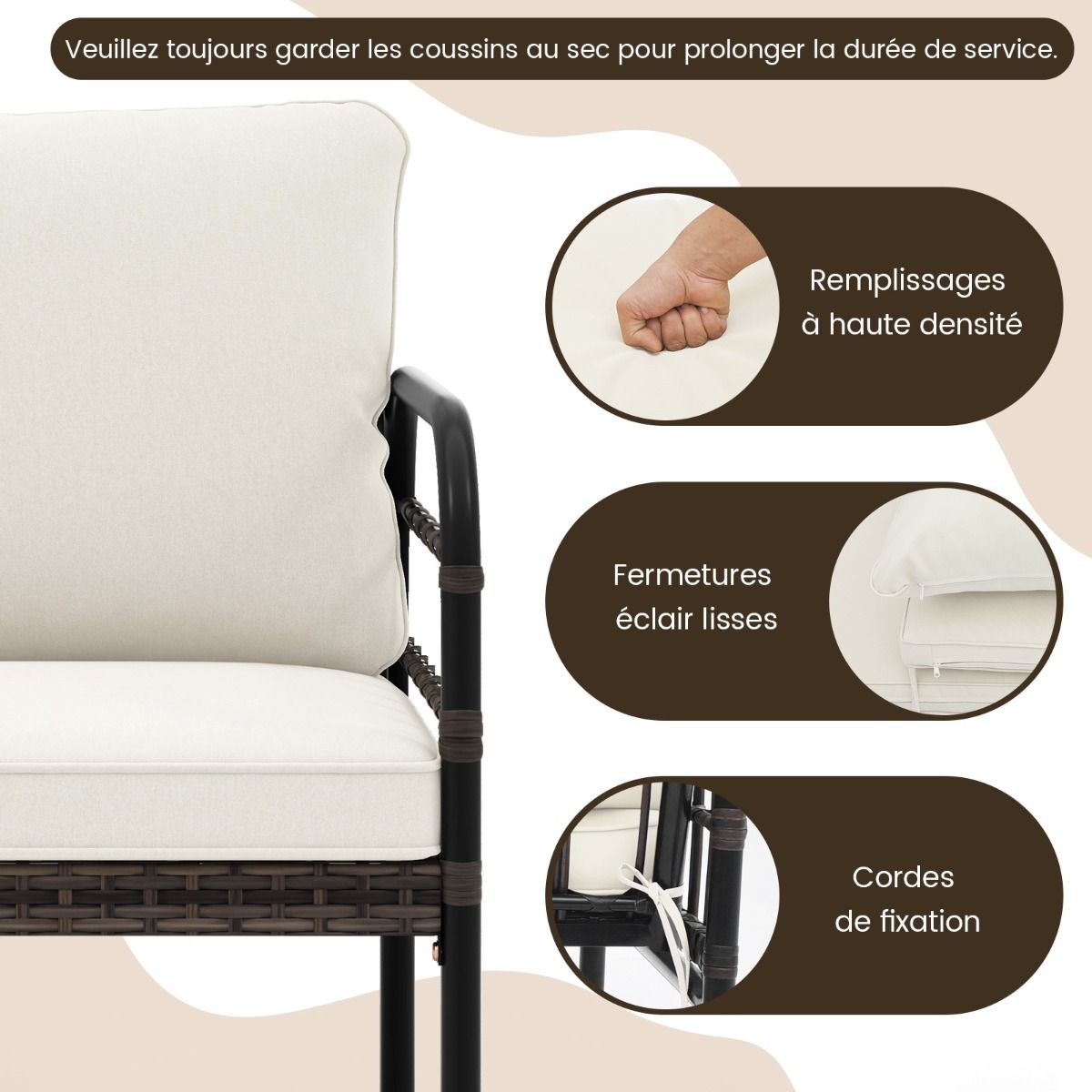 Meubles de Patio 4 Pices en Rotin Charge 180-360KG avec Chaises Causeuse Coussins et Table Basse en Verre Tremp pour Balcon Blanc -
