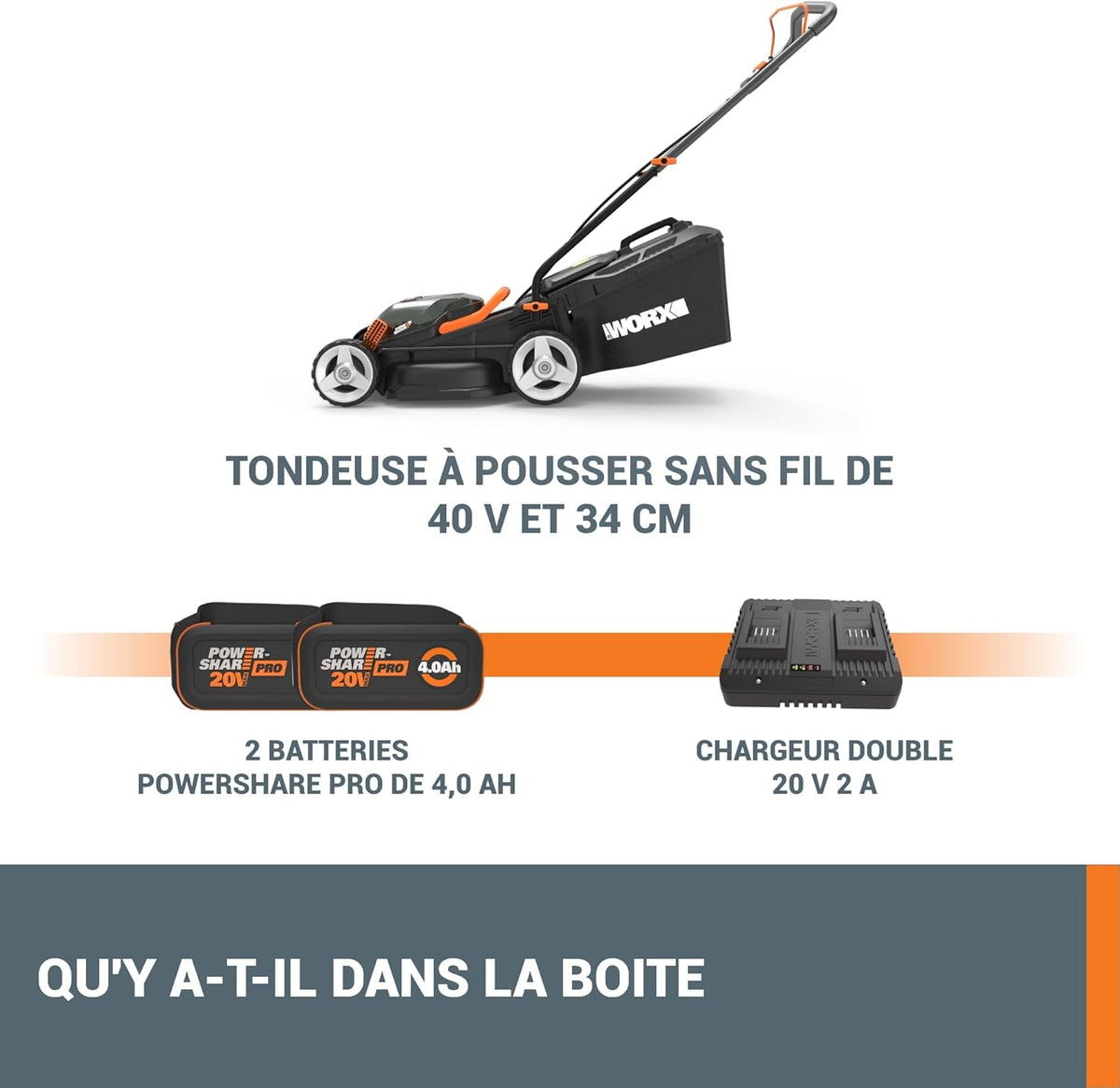 Pack Pro+ Tondeuse à Gazon 40V 460m² + Coupe-Bordures 20V + 2 Batteries 4Ah et 1 Batterie 2Ah + Chargeur Double et Chargeur Simple (Idéal pour l'Entretien du Jardin)