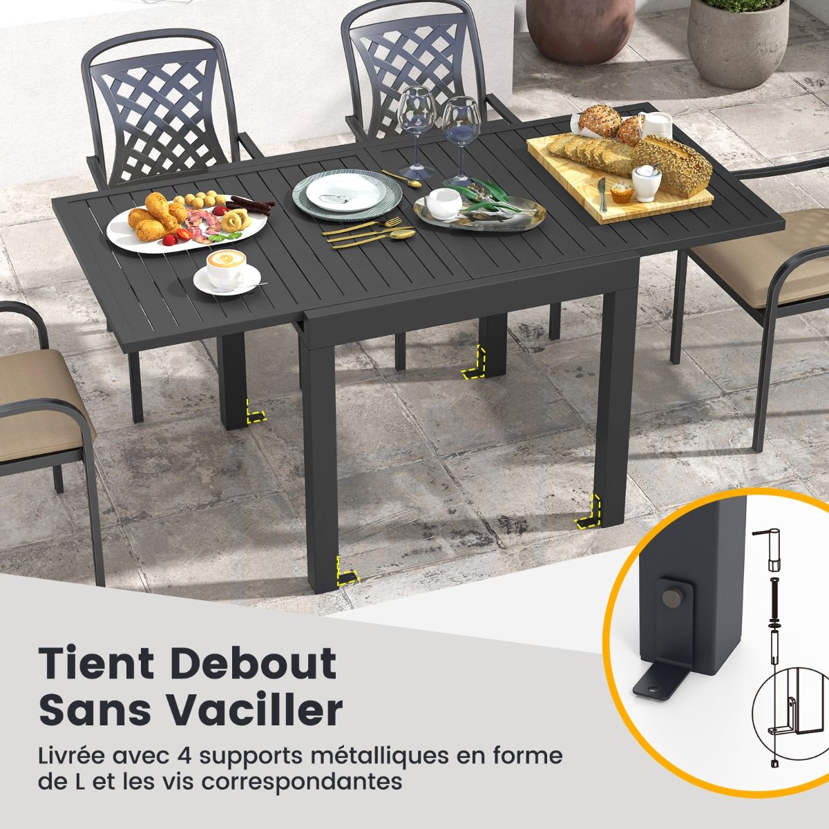 Table de Jardin Extensible en Aluminium Ajustable de 80 160 CM Table Manger Extrieure Plateau Lattes pour 4-6 Personnes Gris Fonc -