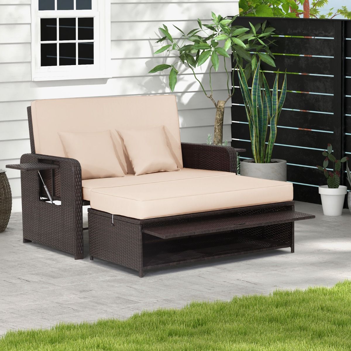 Salon de Jardin Extrieur Ajustable Lit,2 Place avec Stockage Cach,Dossier Rglable 4 Niveaux en Rotin PE -