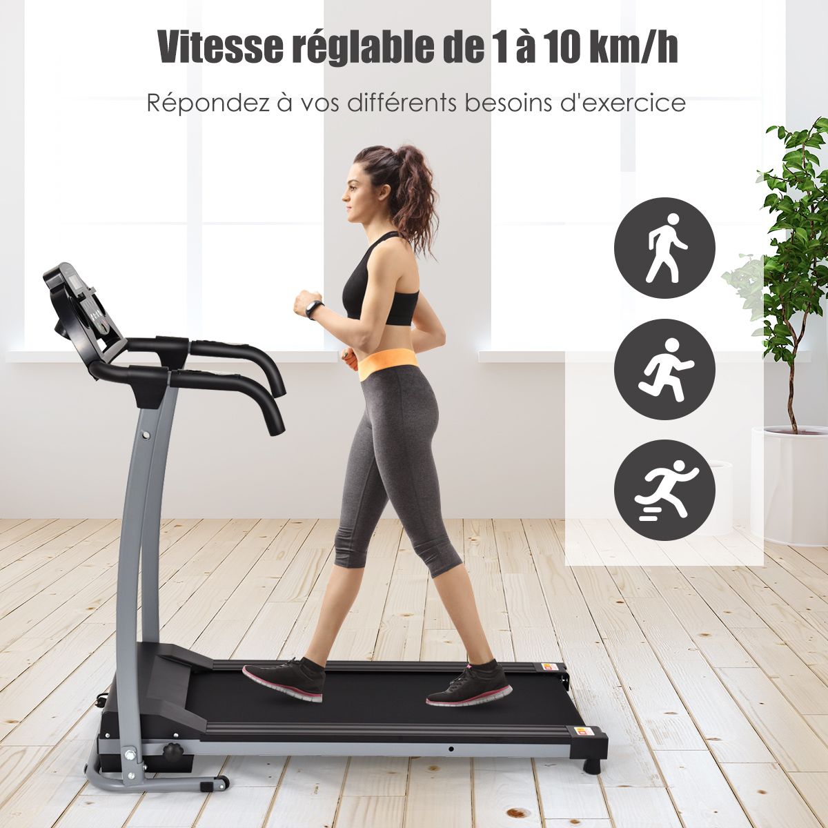 Tapis de Course lectrique Pliable avec cran et Moniteur de Frquence Cardiaque avec Vitesse de 1  10 km/h et 12 Programmes Noir -