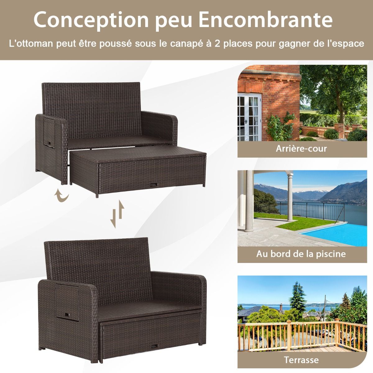 Salon de Jardin Extérieur Ajustable à Lit,2 Place avec Stockage Caché,Dossier Réglable à 4 Niveaux en Rotin PE -