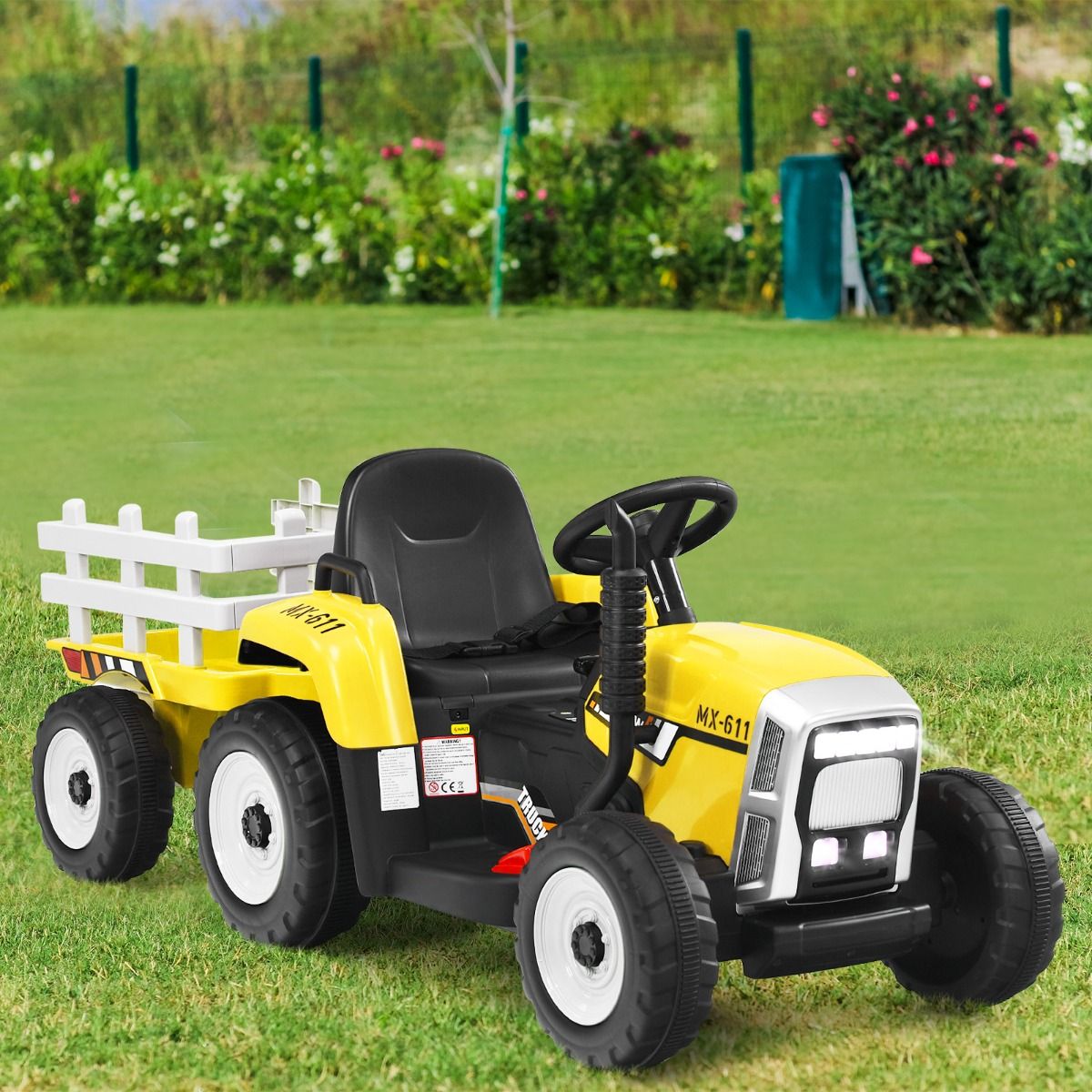 Tracteur Electrique avec Remorque pour Enfants 3 Vitesses Lumières LED Fonctions o USB et Bluetooth Jaune/Rose/Rouge/Vert/Vert Foncé/Noir -