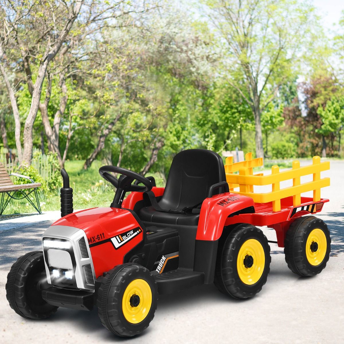 Tracteur Electrique avec Remorque pour Enfants 3 Vitesses Lumires LED Fonctions o USB et Bluetooth Jaune/Rose/Rouge/Vert/Vert Fonc/Noir -