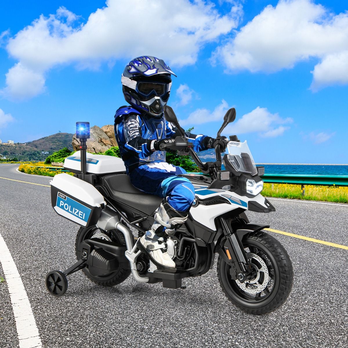 Moto Électrique 12V/7AH pour Enfants 6km/h Modèle Policier avec Klaxon Musique Sirène Phares pour 3-8 Ans -