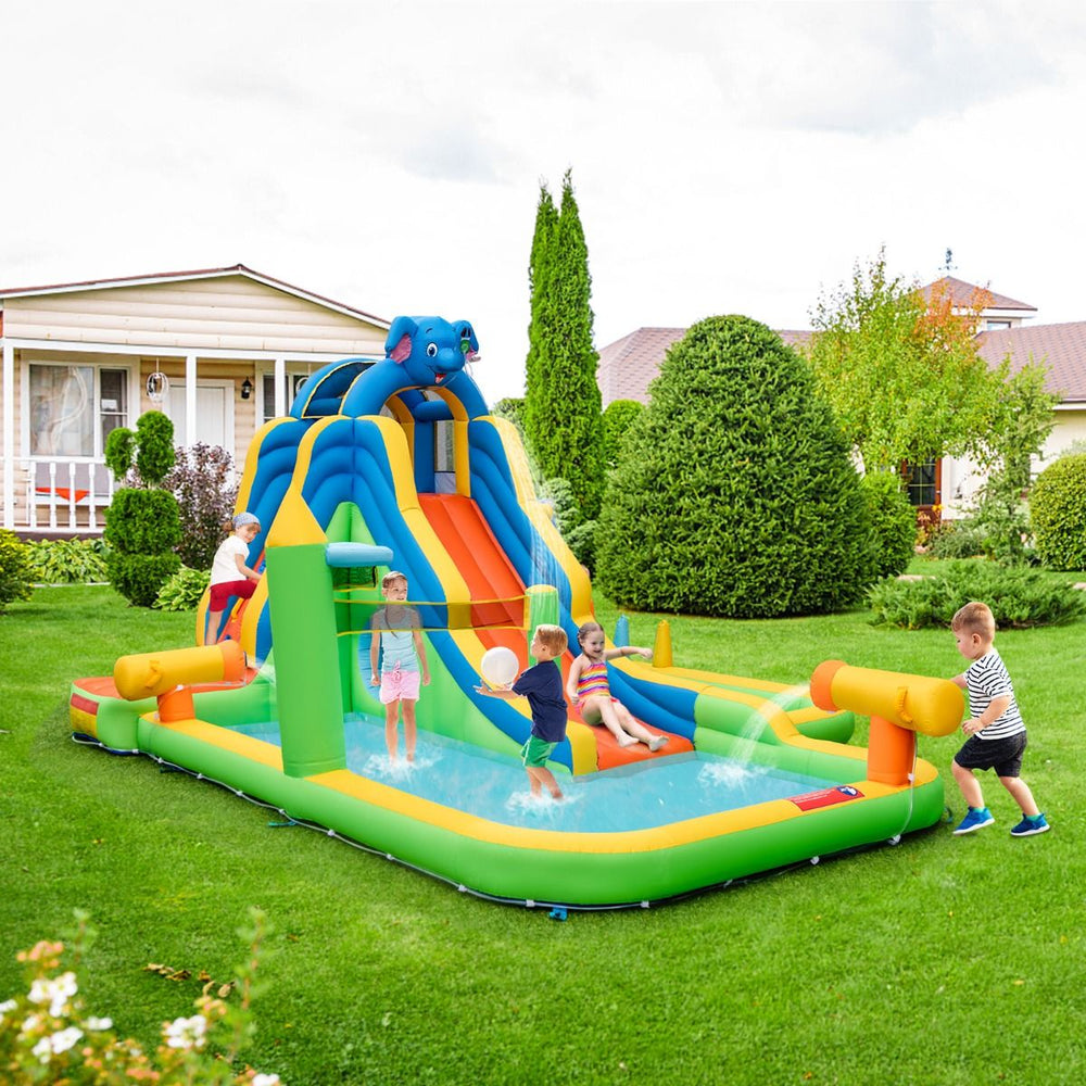 Toboggan Aquatique Gonflable Géant pour Enfants Piscine à Éclaboussures sures Mur D'escalade Canons à Eau Lancer D'anneaux Cerceau (sans Souffleur) Multicolore -