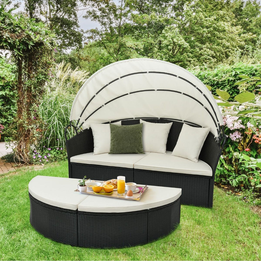 Lit Canapé de Jardin Rond en Rotin PE Auvent Rétractable Coussins et Oreillers Amovibles Salon de Jardin Modulable Blanc -