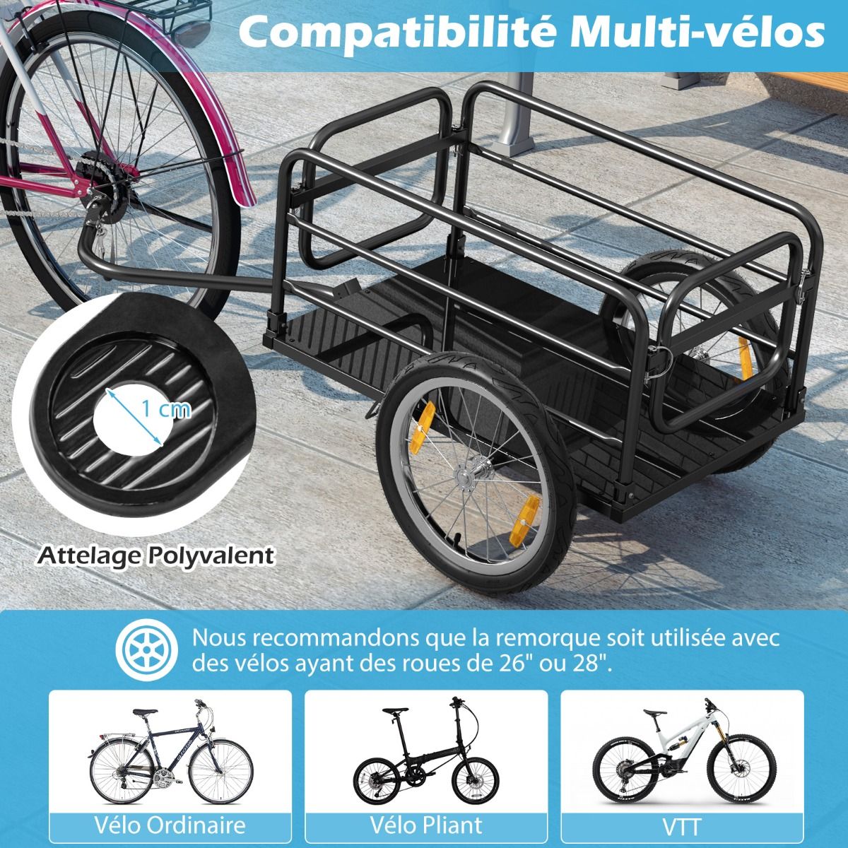 Remorque de Vlo avec Cadre Pliable Charge 55 kg Chariot pour Vlo avec Housse en Tissu Oxford Roues  Air de 40聽cm Rflecteurs Bleu -