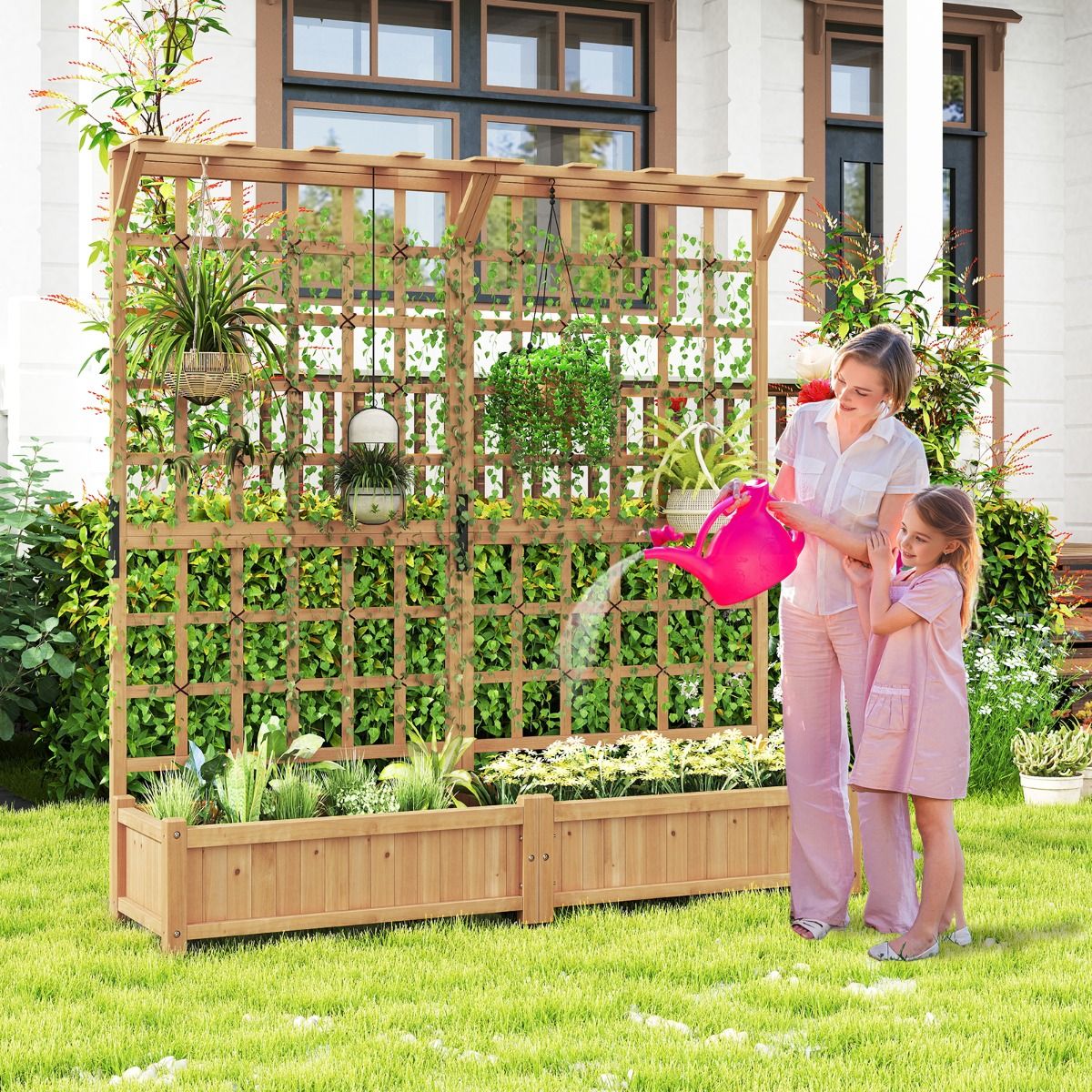 Jardinière avec 2 Treillis 2 Bacs Toit Suspendu en Bois Lit de Jardin Surélevé avec 4 Trous de Drainage 180 x 48 x 183 cm Orange -