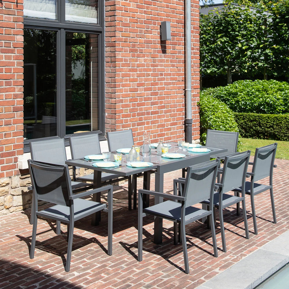 Salon de jardin LAMPEDUSA extensible en textilène gris 8 places - aluminium anthracite -
