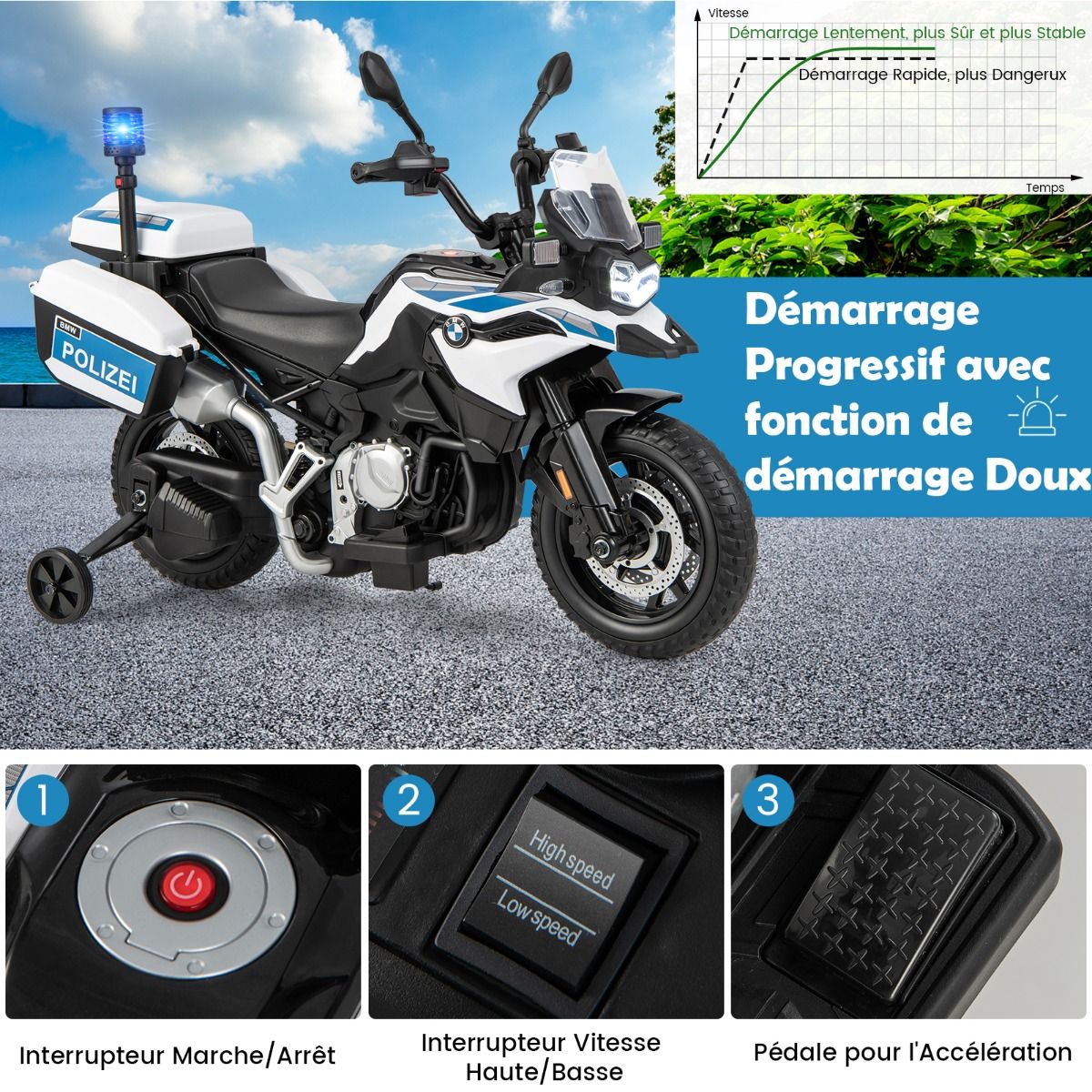 Moto Électrique 12V/7AH pour Enfants 6km/h Modèle Policier avec Klaxon Musique Sirène Phares pour 3-8 Ans -