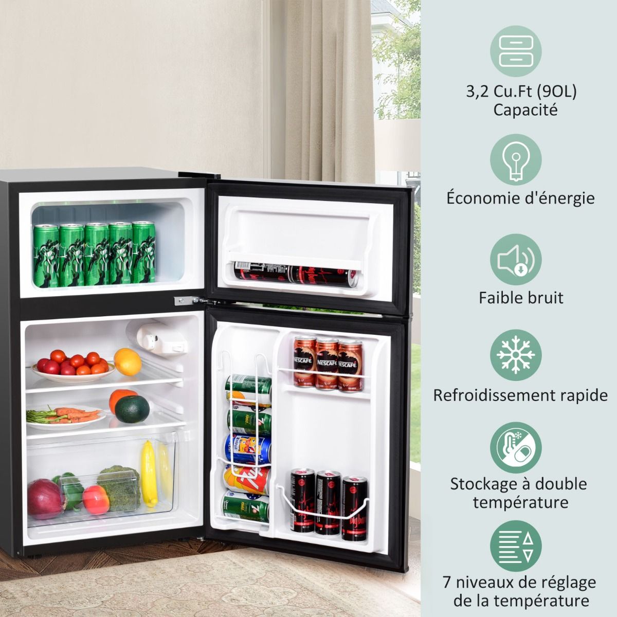 Rfrigrateur Compact Mini-rfrigrateur 90 L Conglateur Spar avec Design  2 Portes Fonctionnement Silencieux Blanc/Gris/Noir -
