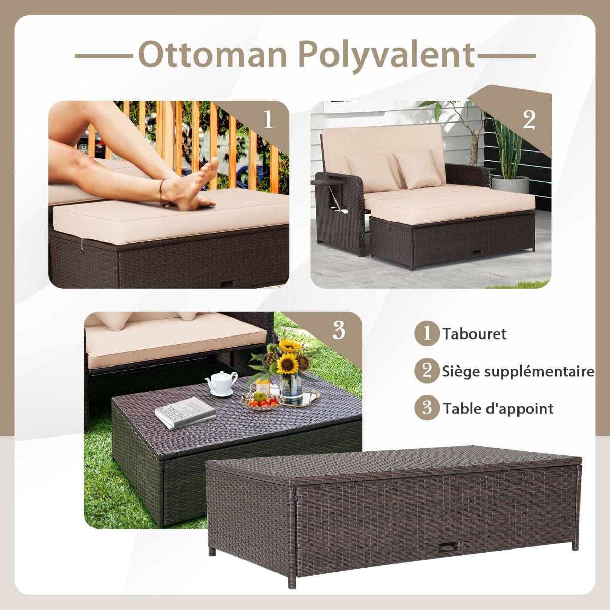Salon de Jardin Extrieur Ajustable  Lit,2 Place avec Stockage Cach,Dossier Rglable  4 Niveaux en Rotin PE -