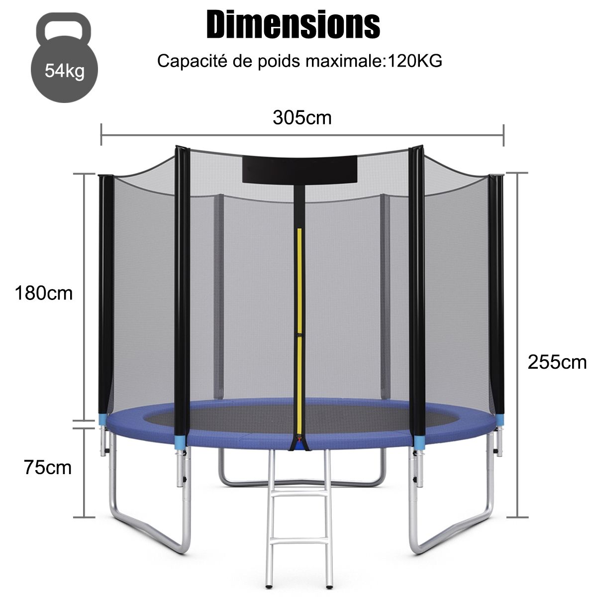 Trampoline de Jardin Ø 305cm avec Filet de Sécurité Porte Entrée Echelle Noir et Bleu -
