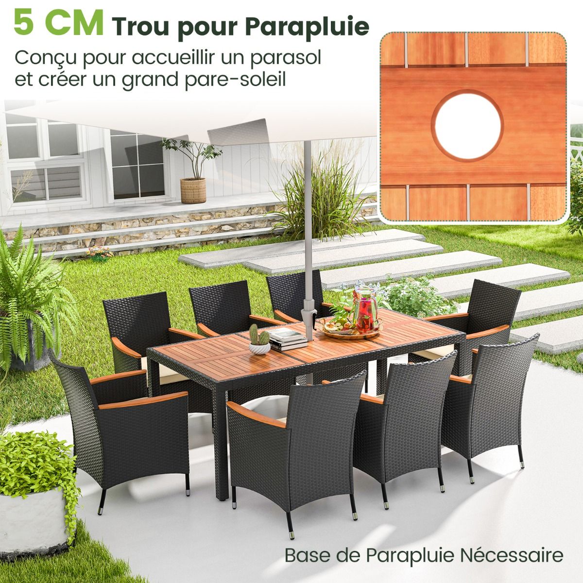 Salon de Jardin en Rotin 9 Pices Plateau de Table en Acacia Ensemble de Salle  Manger avec Coussins Amovibles Trou Charge 180KG Beige+Noir -