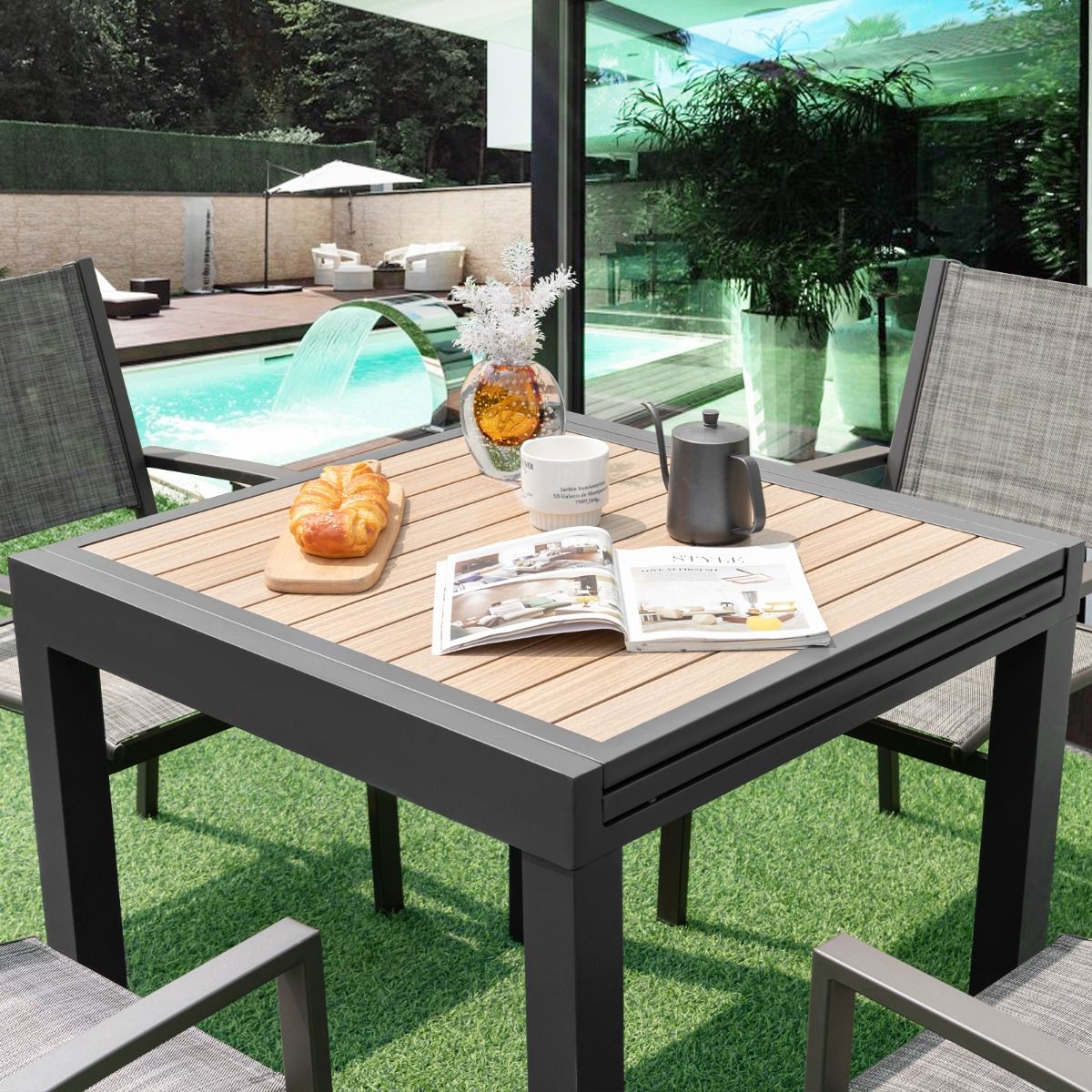 Table de Jardin Extensible en Aluminium Ajustable de 80 à 160 CM Table à Manger Extérieure Rectangulaire pour 4-6 Personnes Naturel -