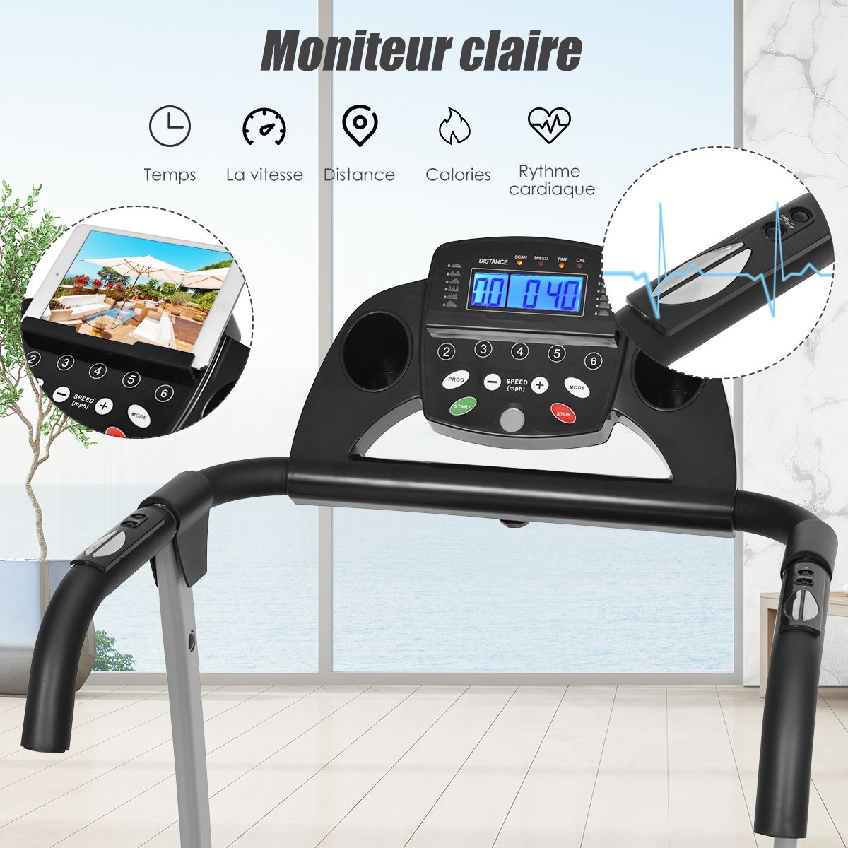 Tapis de Course Électrique Pliable avec Écran et Moniteur de Fréquence Cardiaque avec Vitesse de 1 à 10 km/h et 12 Programmes Noir -