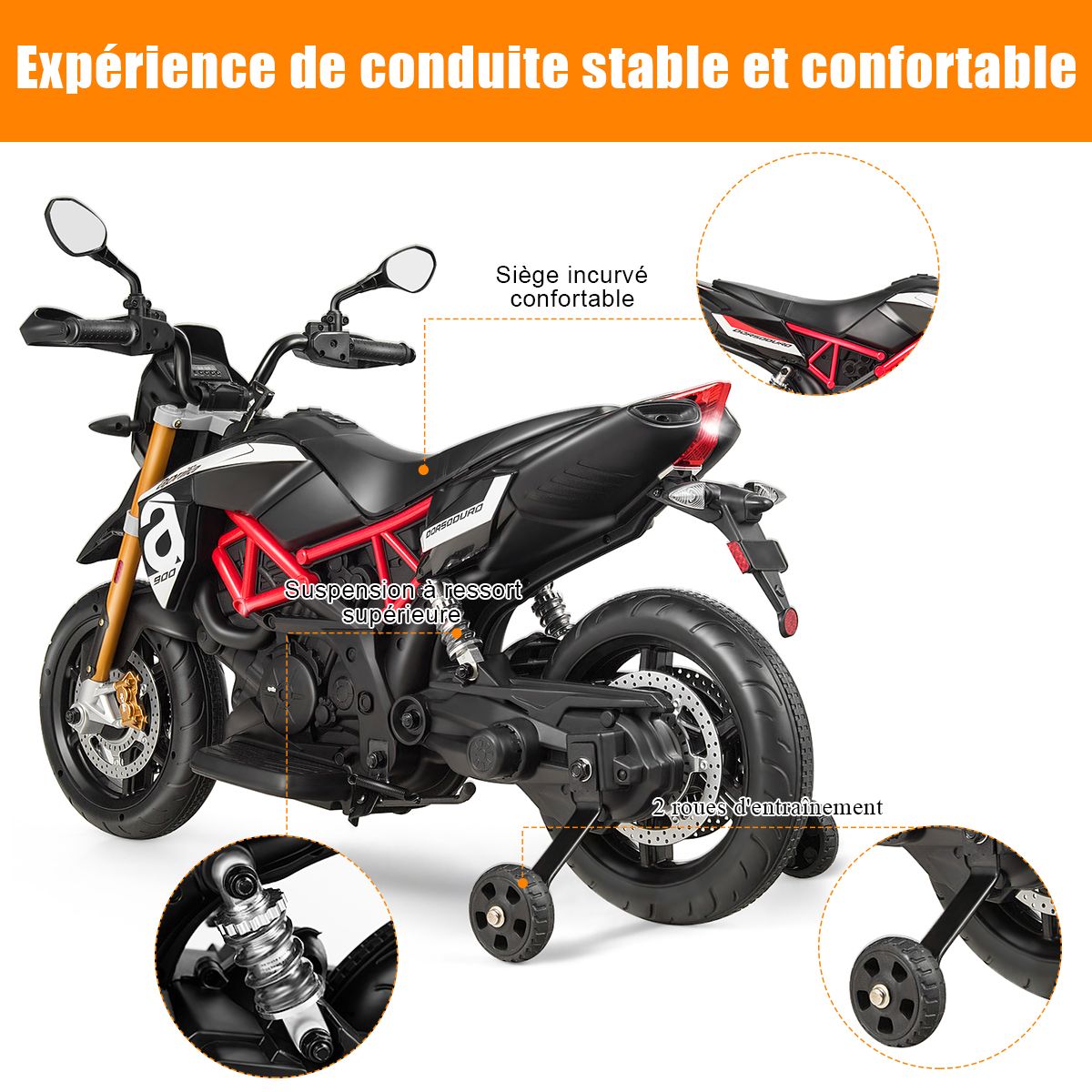 Moto Electrique pour Enfants 12V avec Lumires LED Musique MP3 Roues Antidrapantes pour Garons et Filles 37 95 mois -