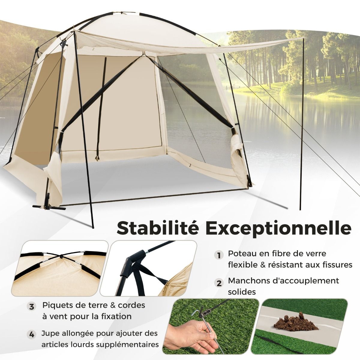 Tente de Camping pour 8-10 Personnes Tente D么me avec Vestibule et Moustiquaire Porte Zippe Tente Portable avec Sac de Transport 300x300x250cm Beige -
