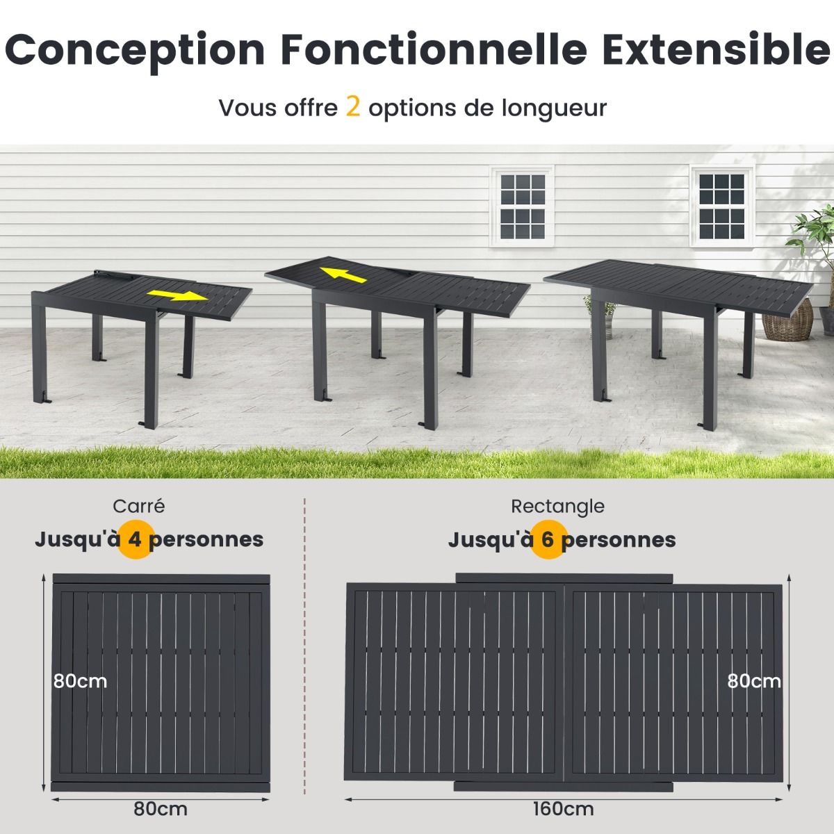 Table de Jardin Extensible en Aluminium Ajustable de 80  160 CM Table  Manger Extrieure Plateau  Lattes pour 4-6 Personnes Gris Fonc -