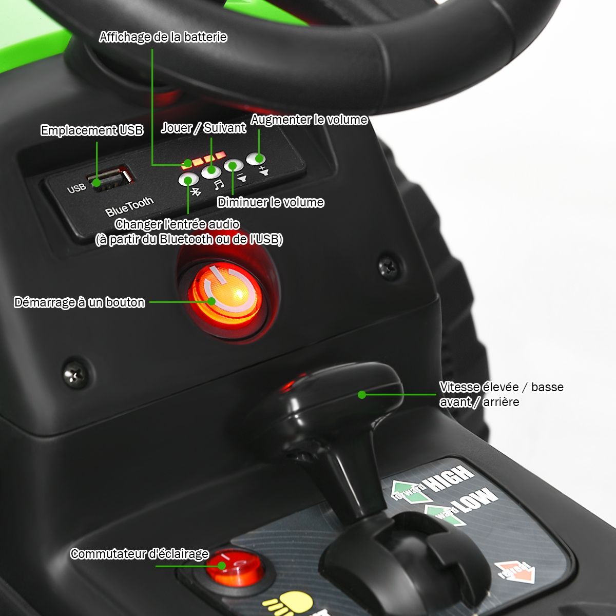 Tracteur Electrique avec Remorque pour Enfants 3 Vitesses Lumires LED Fonctions o USB et Bluetooth Jaune/Rose/Rouge/Vert/Vert Fonc/Noir -