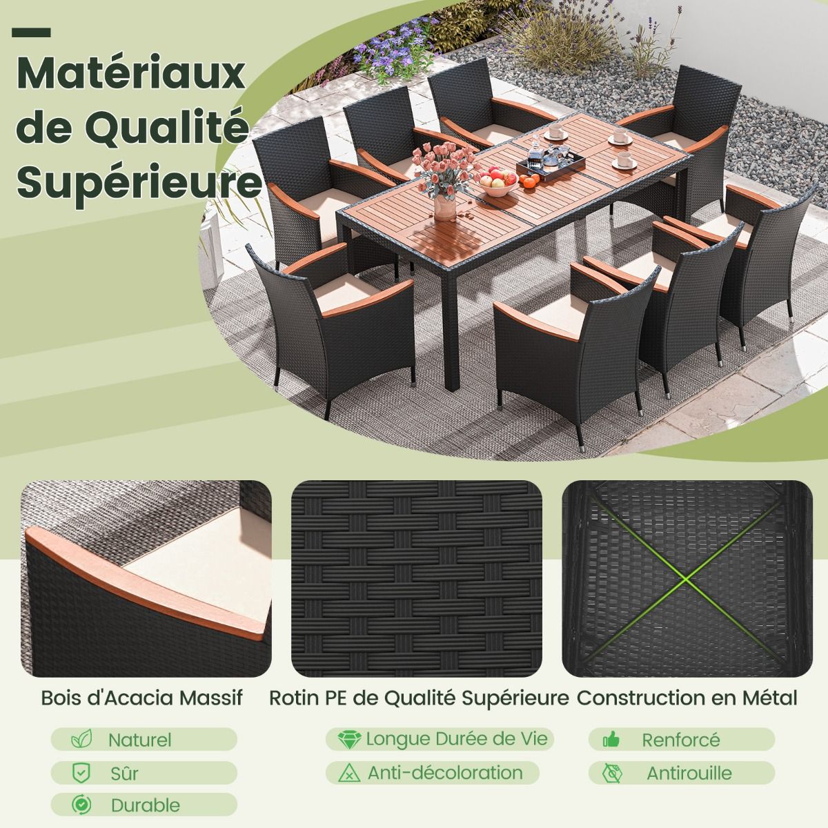 Salon de Jardin en Rotin 9 Pices Plateau de Table en Acacia Ensemble de Salle  Manger avec Coussins Amovibles Trou Charge 180KG Beige+Noir -