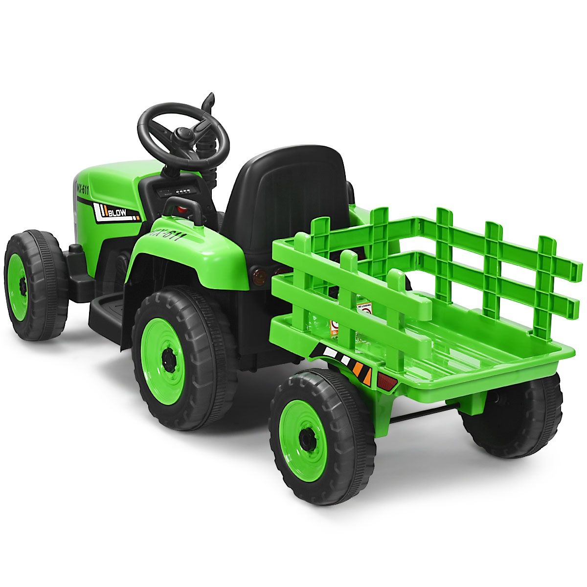 Tracteur Electrique avec Remorque pour Enfants 3 Vitesses Lumires LED Fonctions o USB et Bluetooth Jaune/Rose/Rouge/Vert/Vert Fonc/Noir -
