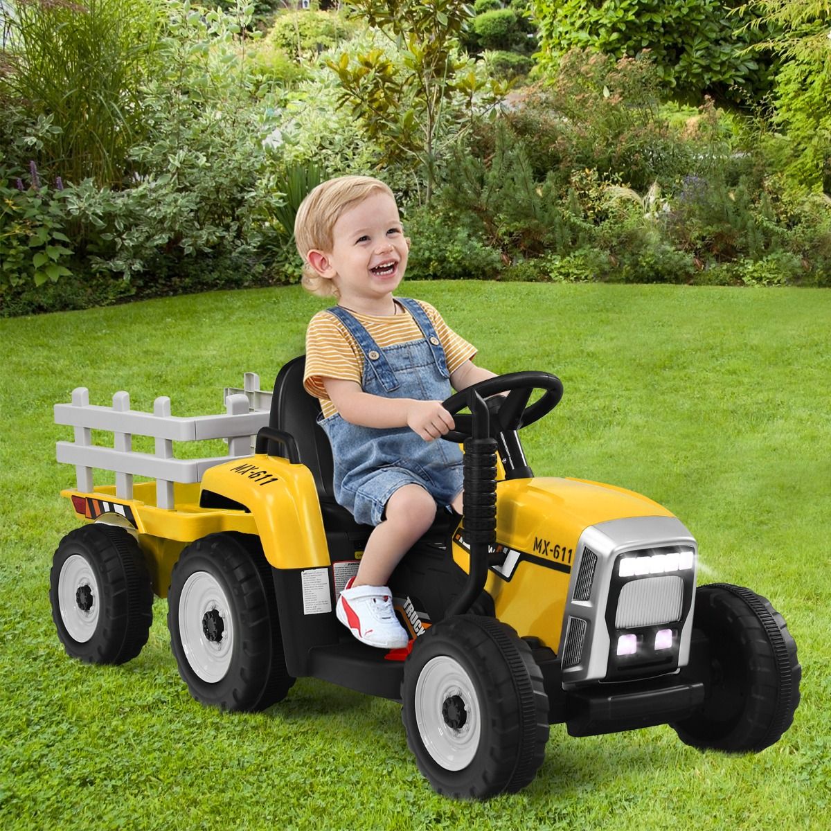 Tracteur Electrique avec Remorque pour Enfants 3 Vitesses Lumières LED Fonctions o USB et Bluetooth Jaune/Rose/Rouge/Vert/Vert Foncé/Noir -