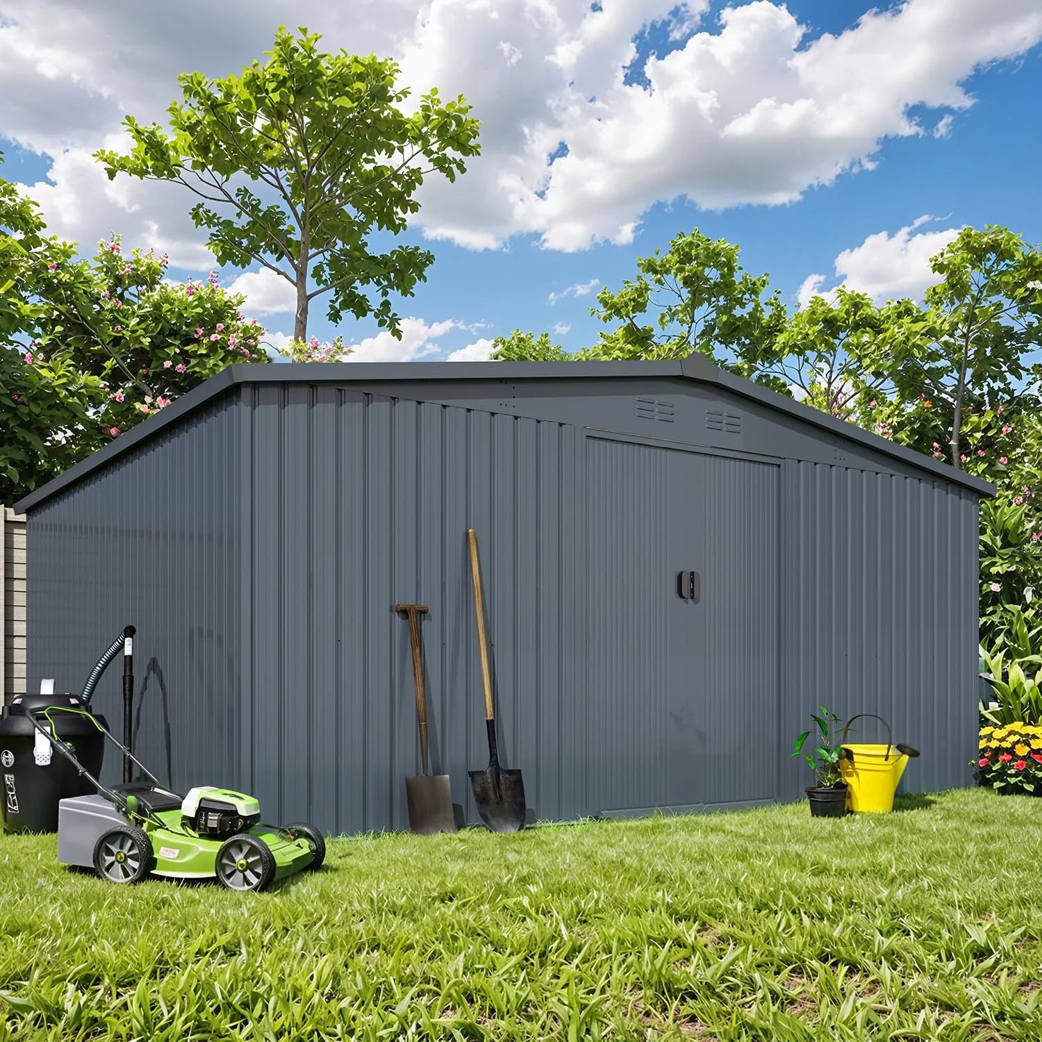 AECOJOY 12' x 14' Outdoor Storage Shed with Sliding Door, Metal Storage Tool Shed