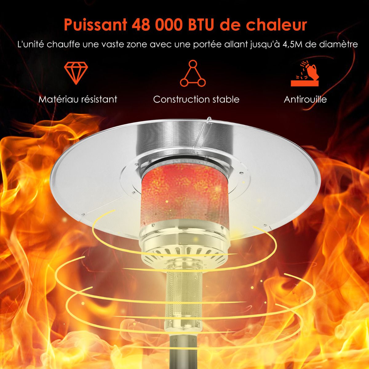 Parasol Chauffage Extérieur à Gaz 13KW Réflecteur 82cm avec Dispositif de Anti-basculement Tube 2 Roues Fluide 220cm Noir -