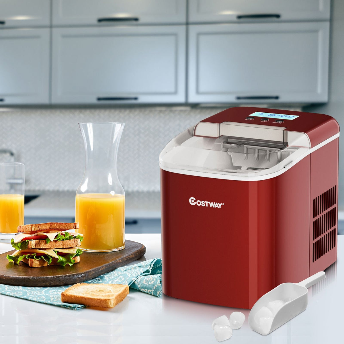 Machine  Glaons 12KG/24H 2 Tailles de Glaons 2,1L Rservoir 9pcs en 7 Minutes Pelle Panier Amovible Comptoir Maison Rouge -
