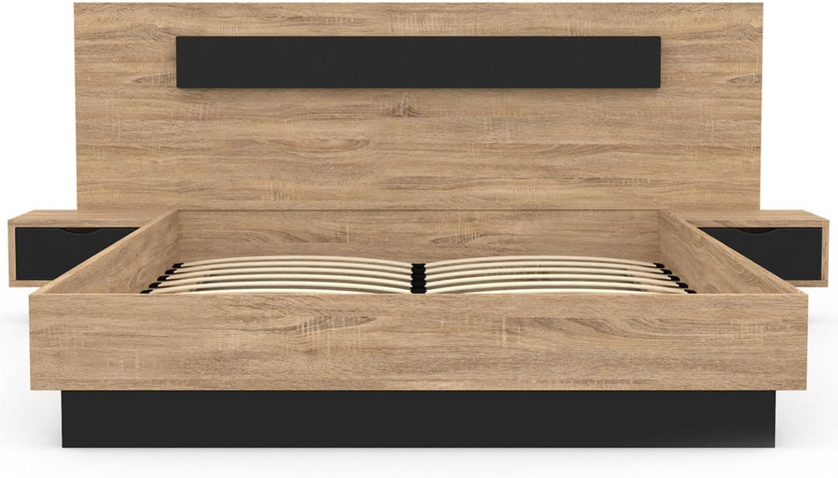 IDMarket - Lit Coffre Santa avec Tables de chevets intégrées et sommier 140x190cm Couleur Bois et Noir