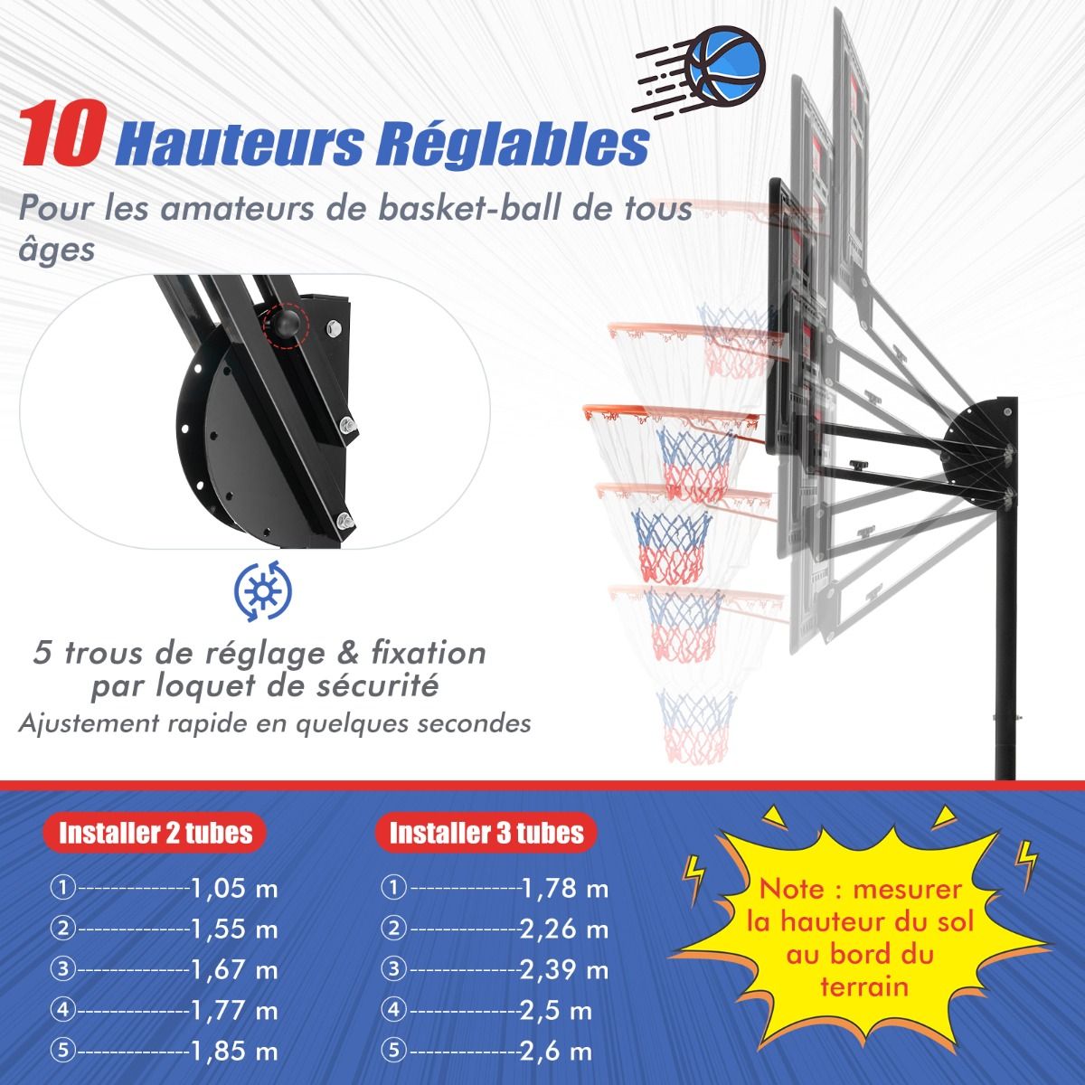 Panier de Basketball sur Pieds avec Hauteur Rglable 1,55-3,1m Support de Basketball avec Panneau Arrire en PE pour Enfants et Jaunes -