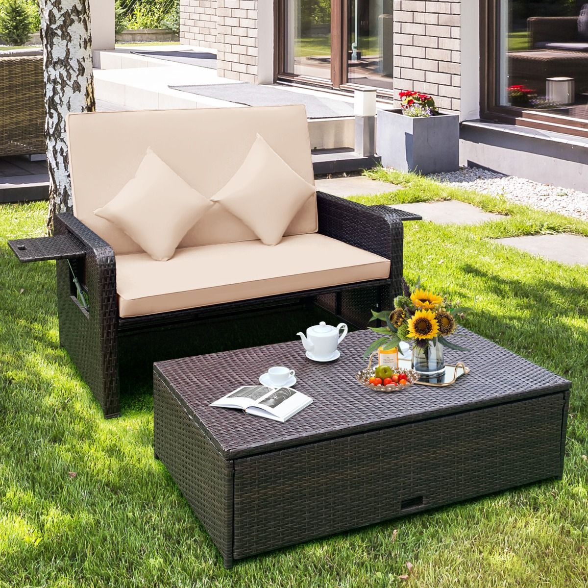 Salon de Jardin Extrieur Ajustable  Lit,2 Place avec Stockage Cach,Dossier Rglable  4 Niveaux en Rotin PE -