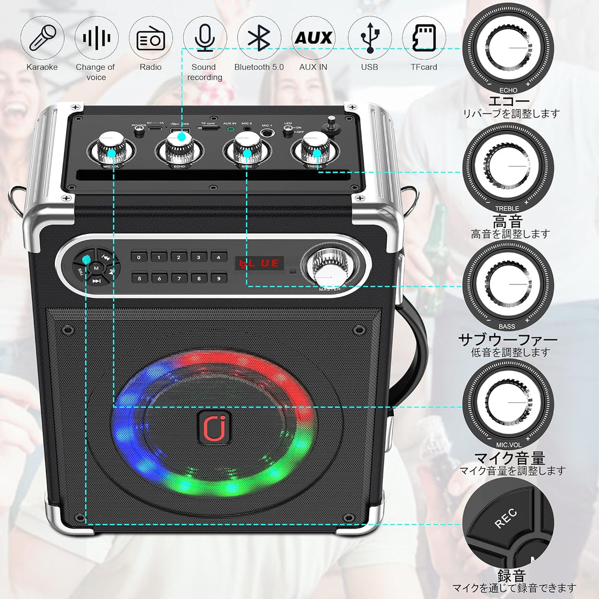 JYX Machine de Karaoké, Bluetooth Speaker pour Adultes avec 2 Microphones sans Fil, Système de Karaoké Portable pour soirée à la Maison/au Camping