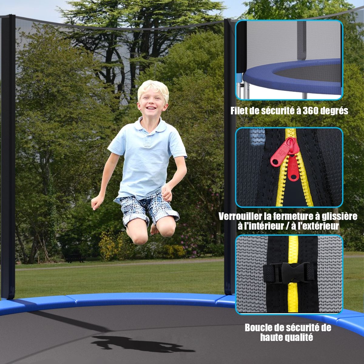 Trampoline de Jardin Ø 305cm avec Filet de Sécurité Porte Entrée Echelle Noir et Bleu -