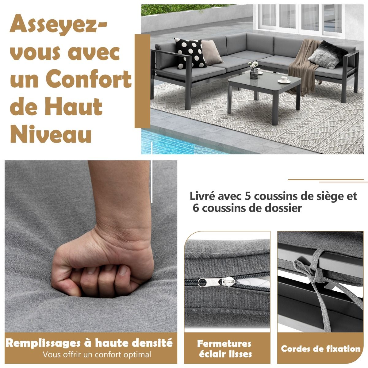 Salon de Jardin Extrieur avec Table Basse en Verre Tremp Canapavec Dossier Inclinable  6 Niveaux Coussins Inclus Gris -