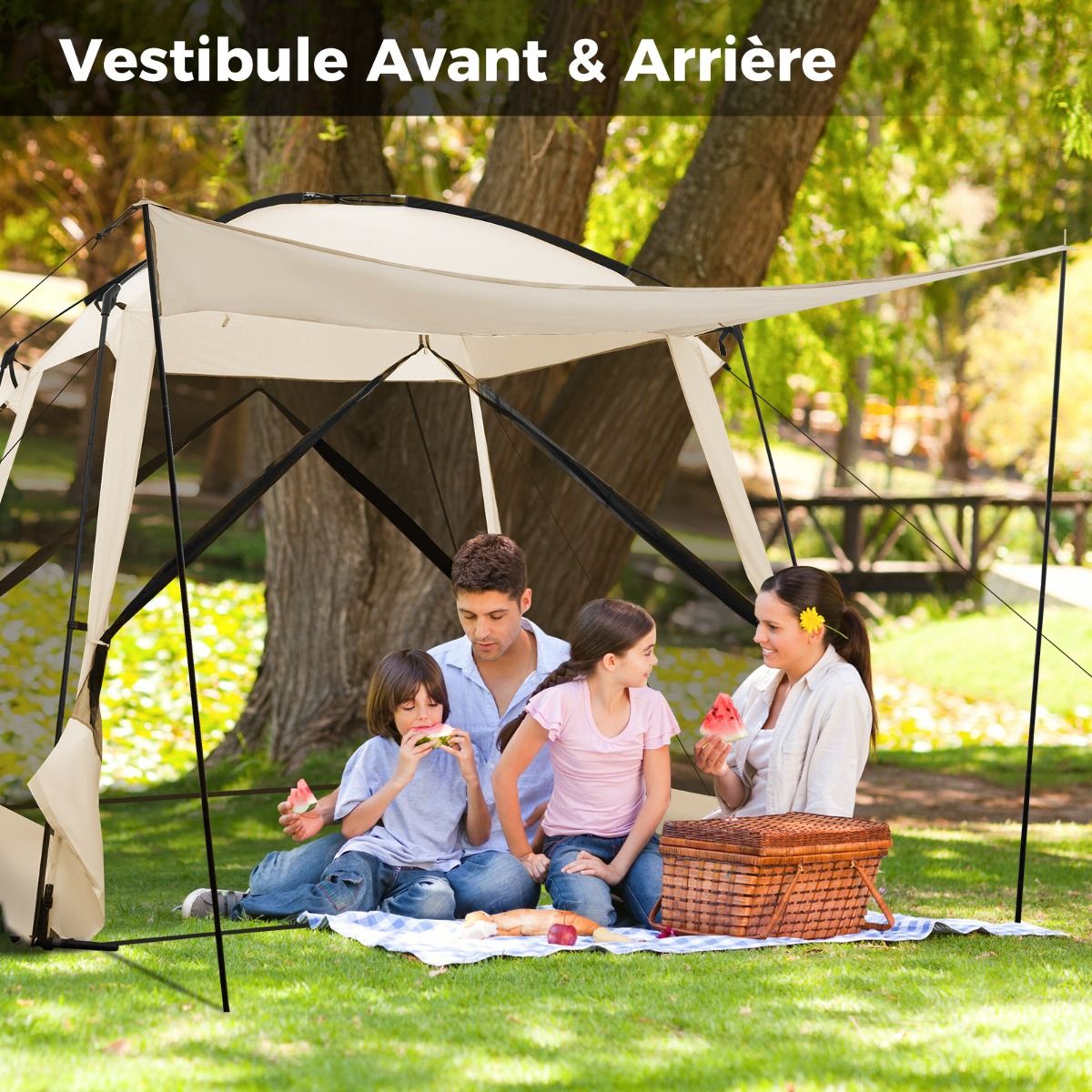 Tente de Camping pour 8-10 Personnes Tente Dôme avec Vestibule et Moustiquaire Porte Zippée Tente Portable avec Sac de Transport 300x300x250cm Beige -