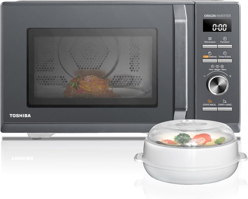 Toshiba MW3-AC26PFI(MG) Four à Micro-ondes 26L Air chaud combiné, 6-en-1 900W avec Cuiseur Vapeur en Gris Morandi, 6 Programmes 10 Niveaux de Puissance, 10 Menus Automatiques
