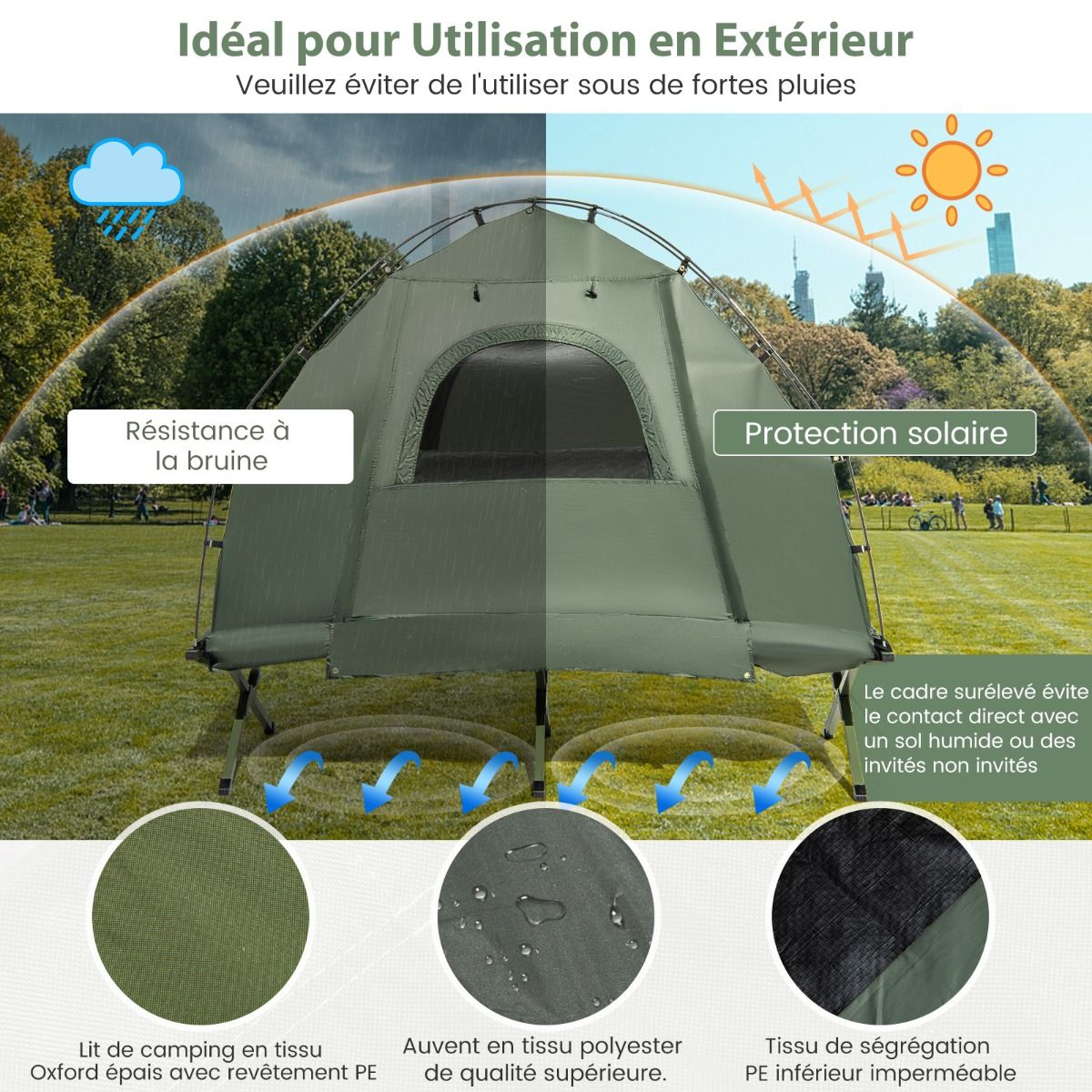 Tente de Camping avec Lit pour 1 Personne Lit de Camping Pliant 5 en 1 avec Matelas Pneumatique Oreiller Sac de Couchage Tente Surélevée Étanche -