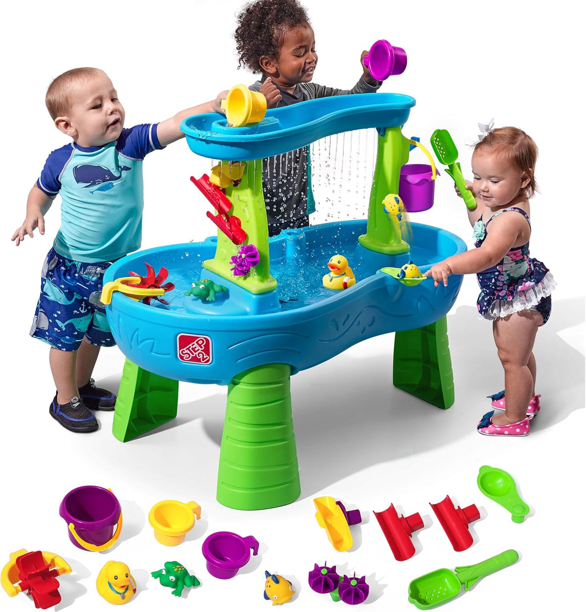 Rain Shower Splash Table d'eau avec 13 Accessoires - Bleu & Vert | Table Jeux d'eau | Table d’activité pour Le Jardin,Table Activité Eau | Table d'eau Extérieur