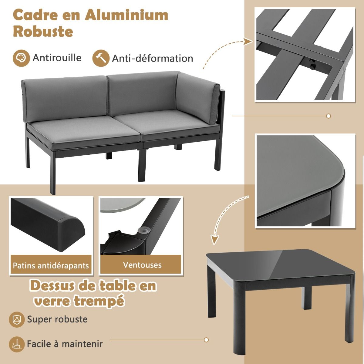 Salon de Jardin Extrieur avec Table Basse en Verre Tremp Canapavec Dossier Inclinable  6 Niveaux Coussins Inclus Gris -