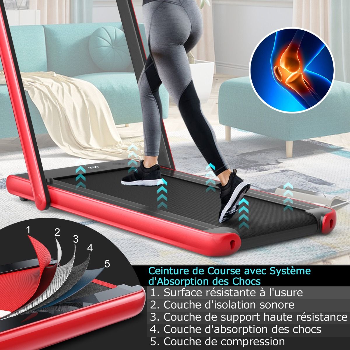 Tapis de Course Pliable 0,75HP Double Affichage LED APP et Télécommande Vitesse Motorisé 12 km/h Surface 40x100cm Rouge -