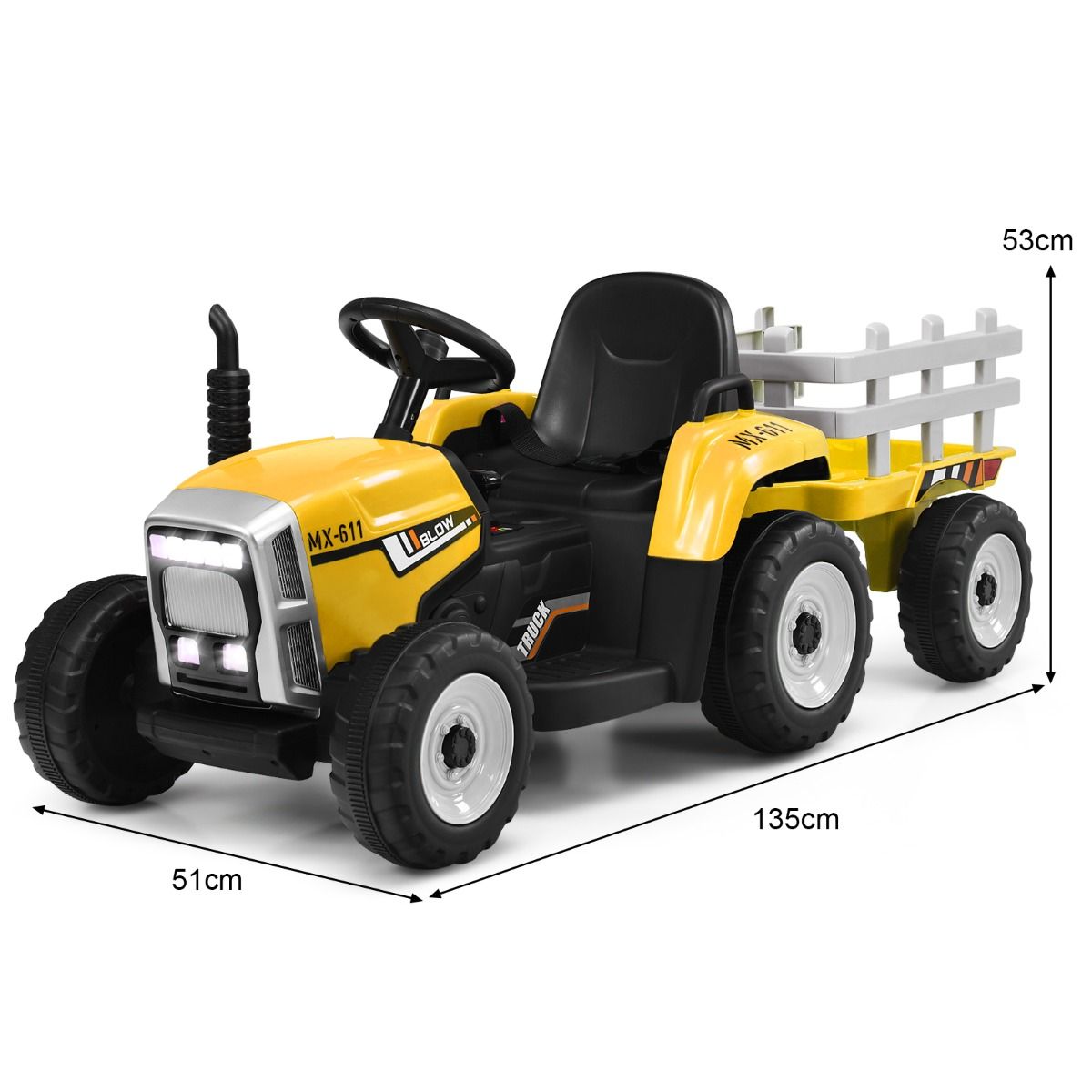 Tracteur Electrique avec Remorque pour Enfants 3 Vitesses Lumires LED Fonctions o USB et Bluetooth Jaune/Rose/Rouge/Vert/Vert Fonc/Noir -
