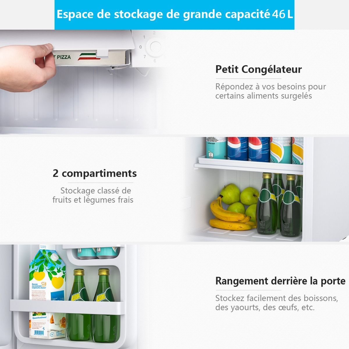 Mini Rfrigrateur 48L,2 niveaux et porte-bouteille,bac  lgumes,Silencieux 230V,46 x 44 x 49 cm,Blanc -