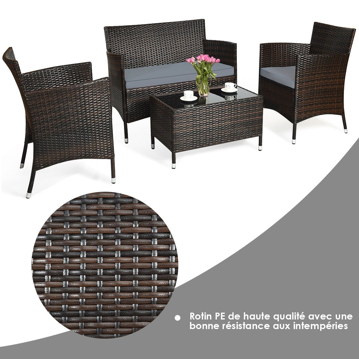 Salon de Jardin 4 PCS Mobilier de Terrasse en Rotin PE pour Vranda Patio Terrasse Piscine Marron et Gris -