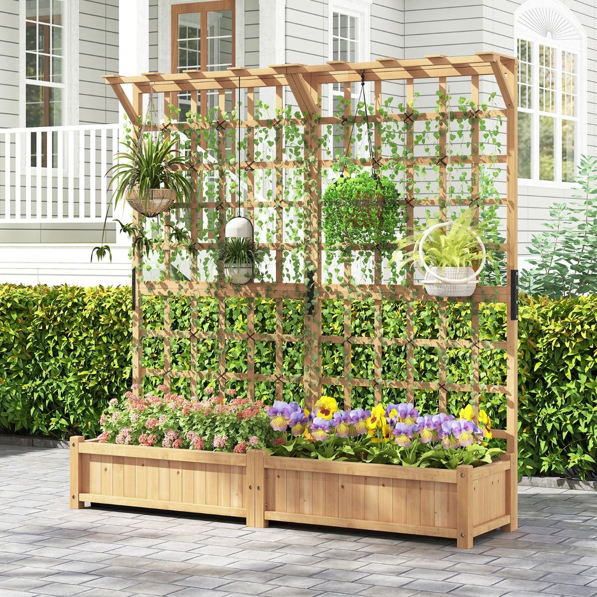 Jardinire avec 2 Treillis 2 Bacs Toit Suspendu en Bois Lit de Jardin Surlev avec 4 Trous de Drainage 180 x 48 x 183 cm Orange -