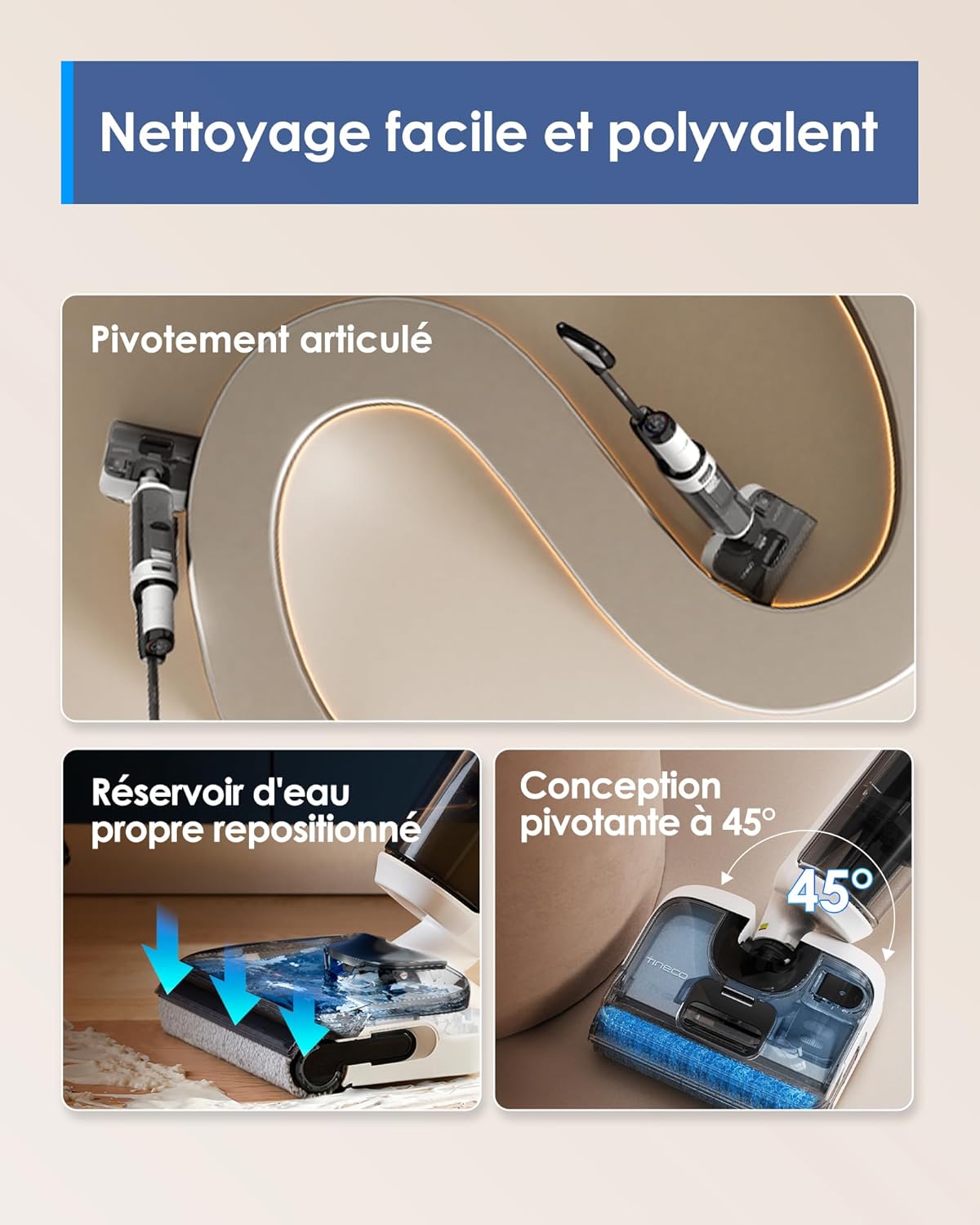 Tineco Aspirateur Balai sans Fil Floor One S6 Stretch Lite Aspirateur Laveur, S’aplatit à 180°, Auto-Nettoyage, Longue Autonomie, Nettoyage des Bords de 2 côtés