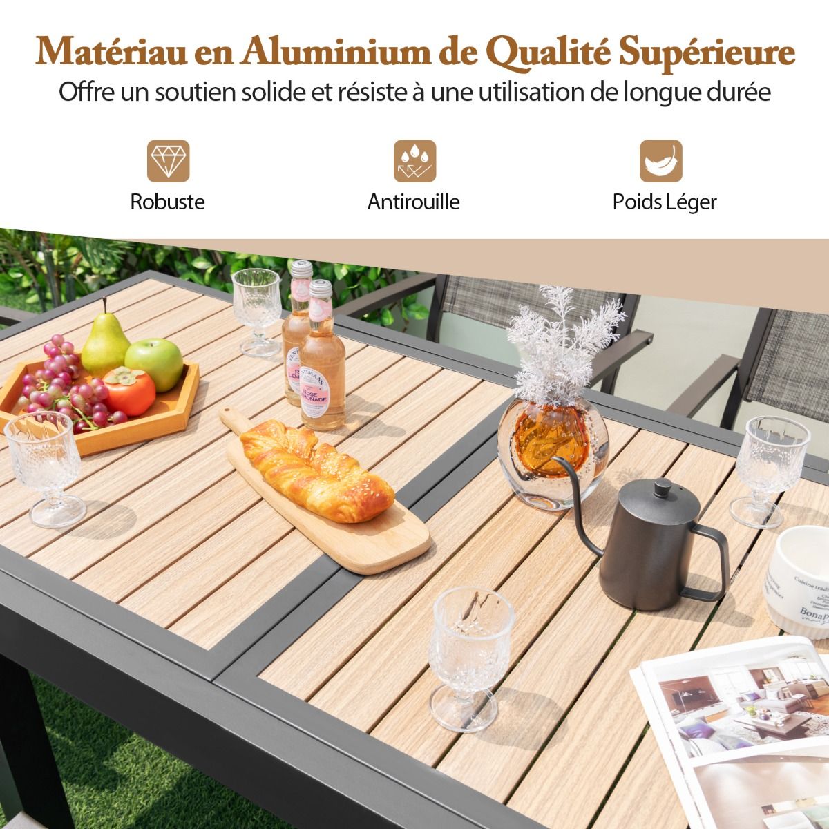 Table de Jardin Extensible en Aluminium Ajustable de 80 à 160 CM Table à Manger Extérieure Rectangulaire pour 4-6 Personnes Naturel -