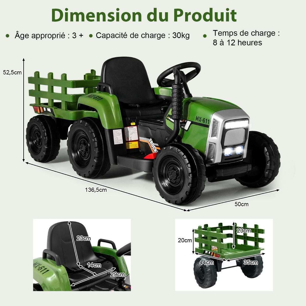 Tracteur Electrique avec Remorque pour Enfants 3 Vitesses Lumires LED Fonctions o USB et Bluetooth Jaune/Rose/Rouge/Vert/Vert Fonc/Noir -